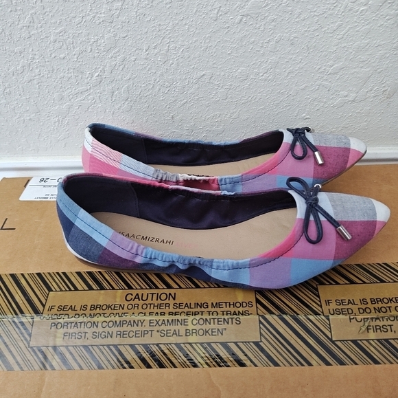 Isaac Mizrahi Women's Ballet Flat Pointed Toe Blue Plaid Bow - Picture 2 of 4